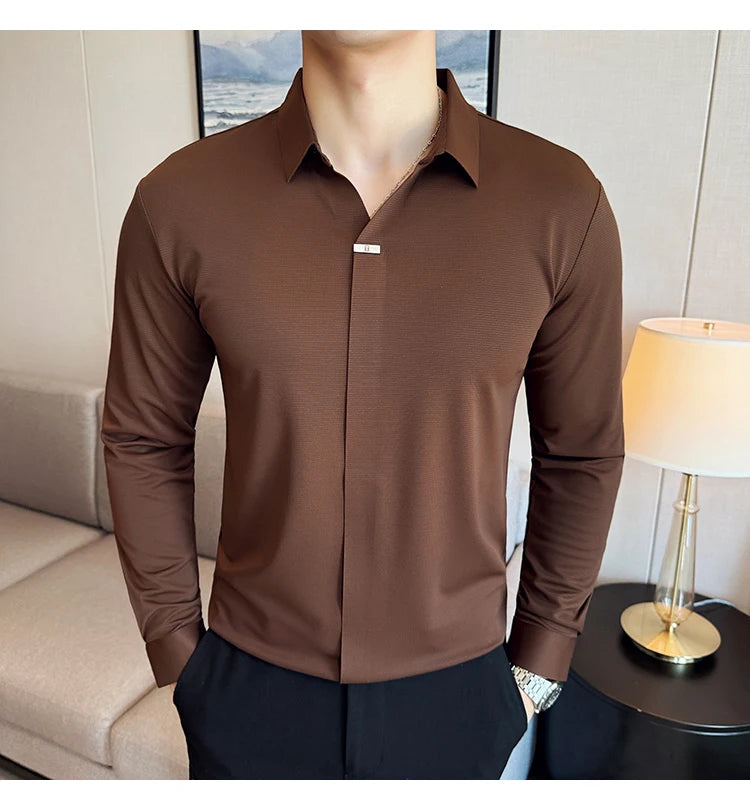 Men’s High Elastic V-neck POLO Shirt – Non-marking Seamless Long Sleeve T-shirt
