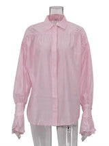 Casual Loose See-Through Shirt – Women’s Autumn Lapel Long Sleeve Blouse
