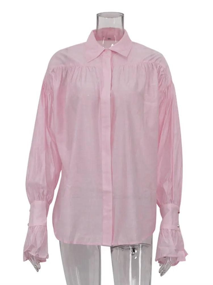 Casual Loose See-Through Shirt – Women’s Autumn Lapel Long Sleeve Blouse