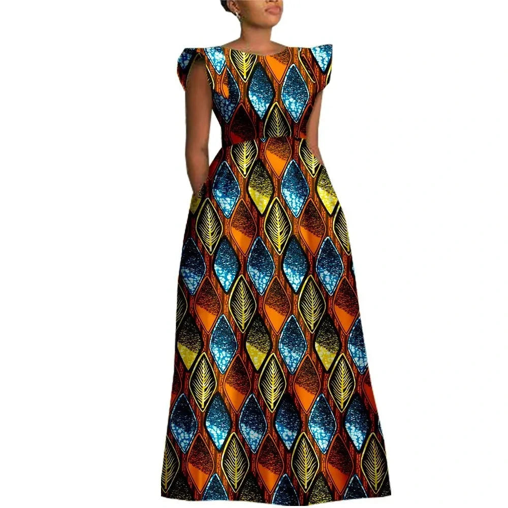 The "Heritage Queen" Floor-Length Gown: Bold Ankara Wax Cotton Dress with Short Sleeves