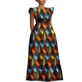 The "Heritage Queen" Floor-Length Gown: Bold Ankara Wax Cotton Dress with Short Sleeves