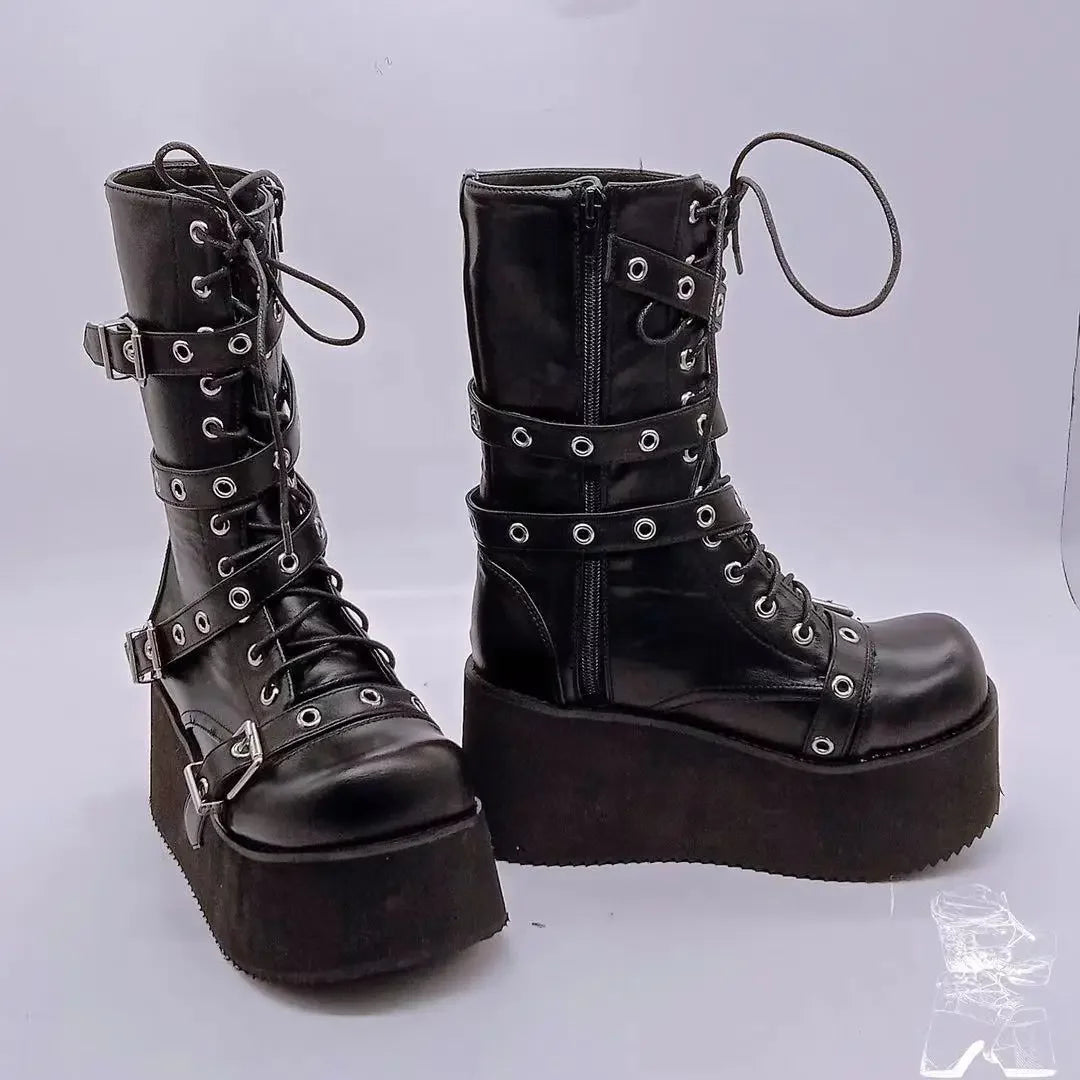 Women’s Punk Wedge Lace-Up Gothic Cross-Tied Platform Mid-Boots