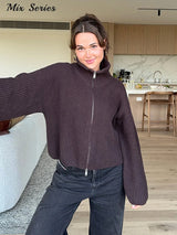 Women’s Casual Turtleneck Ribbed Sweater – Loose Full Sleeve Zipper Cardigan