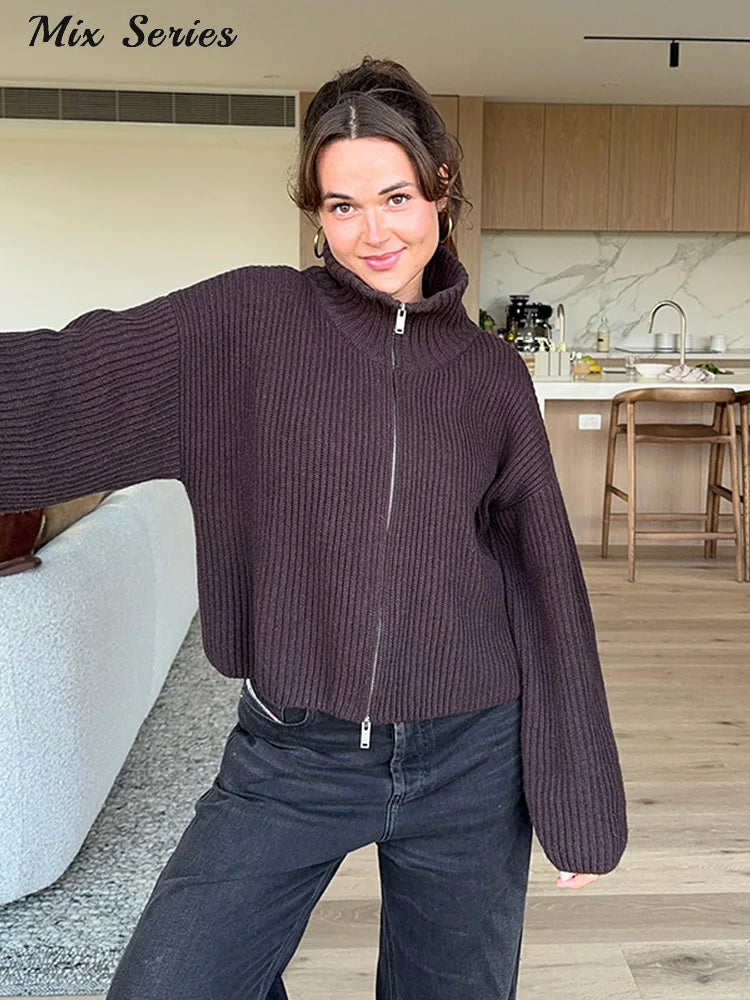 Women’s Casual Turtleneck Ribbed Sweater – Loose Full Sleeve Zipper Cardigan