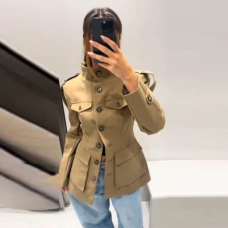 Women’s Khaki Elegant Stand Collar Trench Coat – Y2K Long Sleeve Waist-Defined Jacket