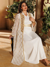 Muslimisches 2-teiliges Abaya-Set für Damen | Bestickte offene Strickjacke mit Innenkleid