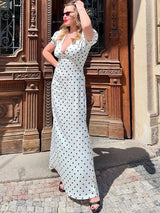Women’s Sexy White Polka Dot Maxi Dress – Deep V-Neck Short Sleeve Lace Up Dress