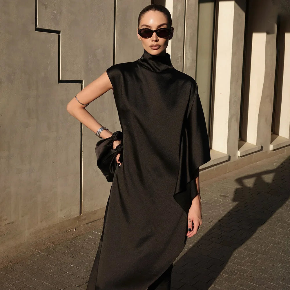Women’s Elegant One-Shoulder Evening Dress – Luxury High-Neck Irregular Party Gown