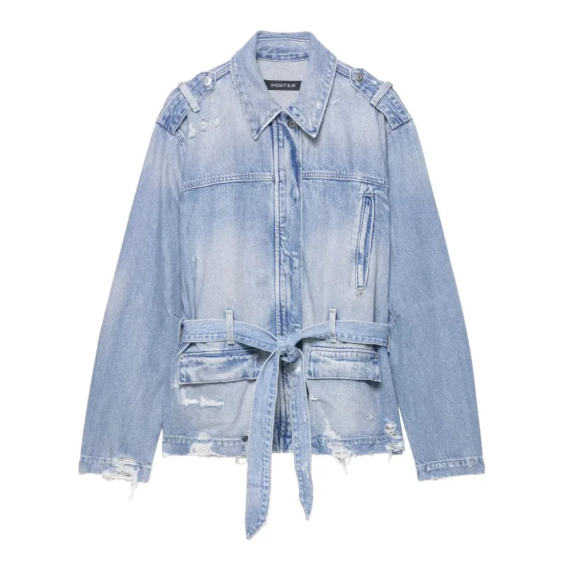 Blue Belted Denim Jacket for Women | Lace-Up Full Sleeve Lapel Coat