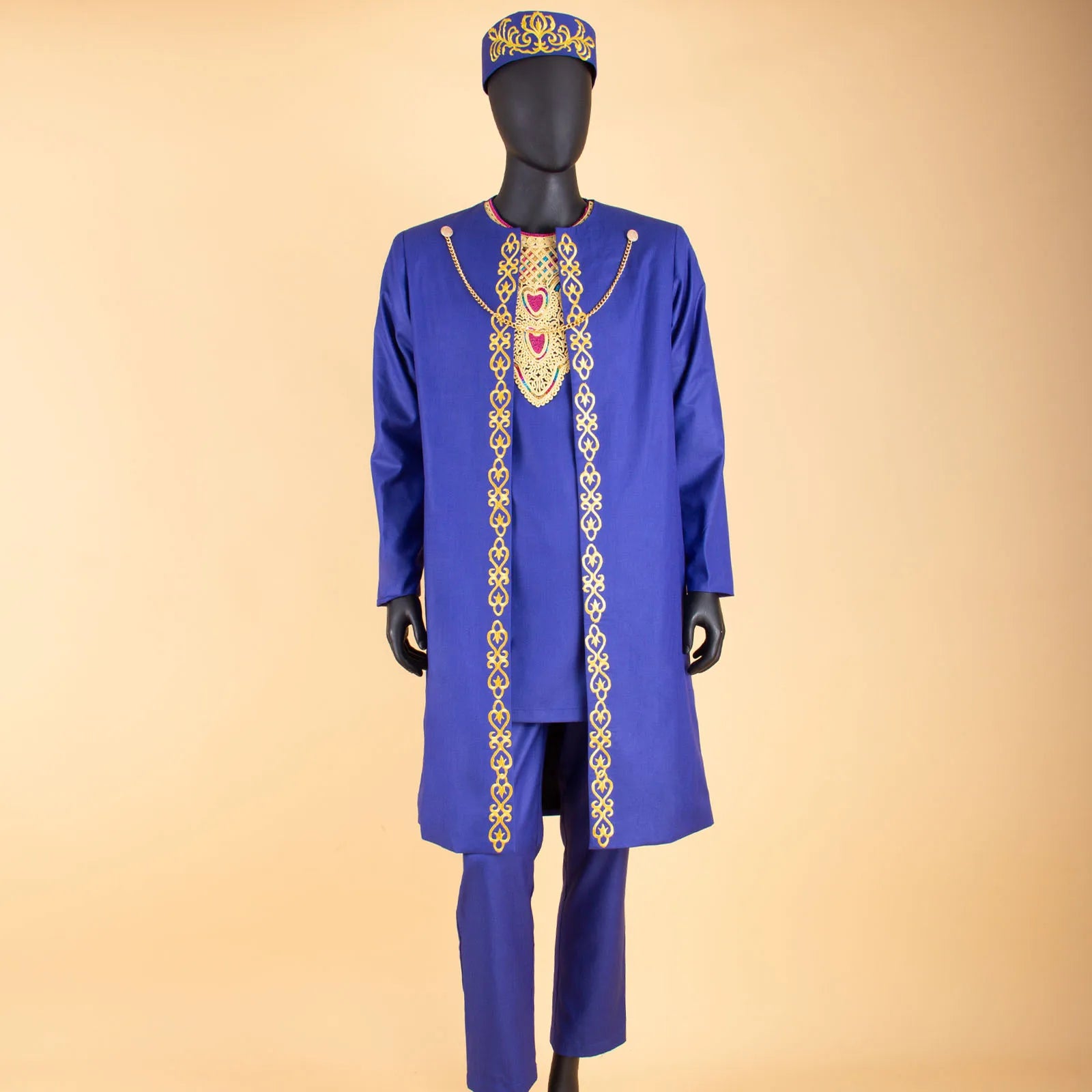 Herren 4-teiliges Agbada-Set – Besticktes Gewand, Hemd, Hose und Mütze, traditioneller Dashiki Hochzeitsanzug