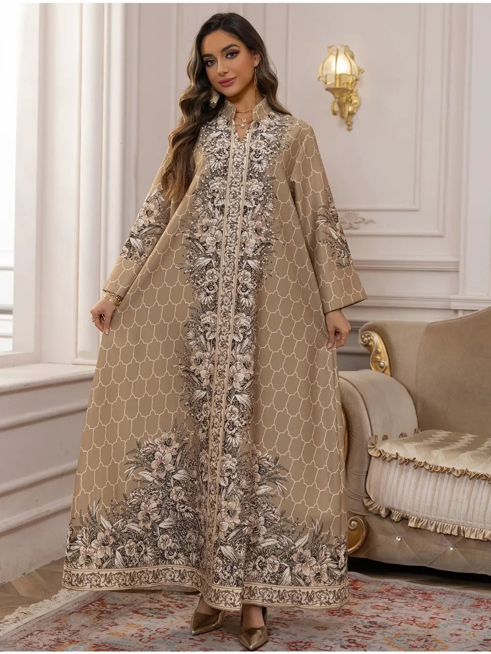 The "Mosaic Diamond" Gown – Signature Printed Dubai Abaya – Boutique Morocco Style Kaftan