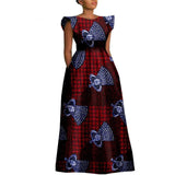 The "Heritage Queen" Floor-Length Gown: Bold Ankara Wax Cotton Dress with Short Sleeves