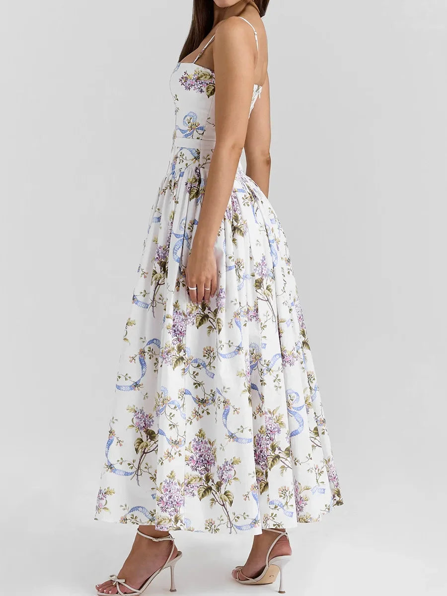 Geblümtes Midi-Sommerkleid – Elegantes Spaghettiträger-Kleid mit fließendem Schnitt