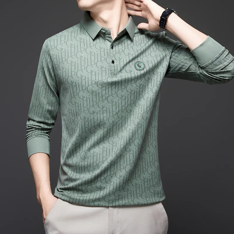 Herren Langarm-Poloshirt mit Abzeichen – Business Casual Uni-Oberteil