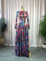 Batikdruck Langarm Maxikleid – Sexy Rundhals Abendkleid mit weitem Rock