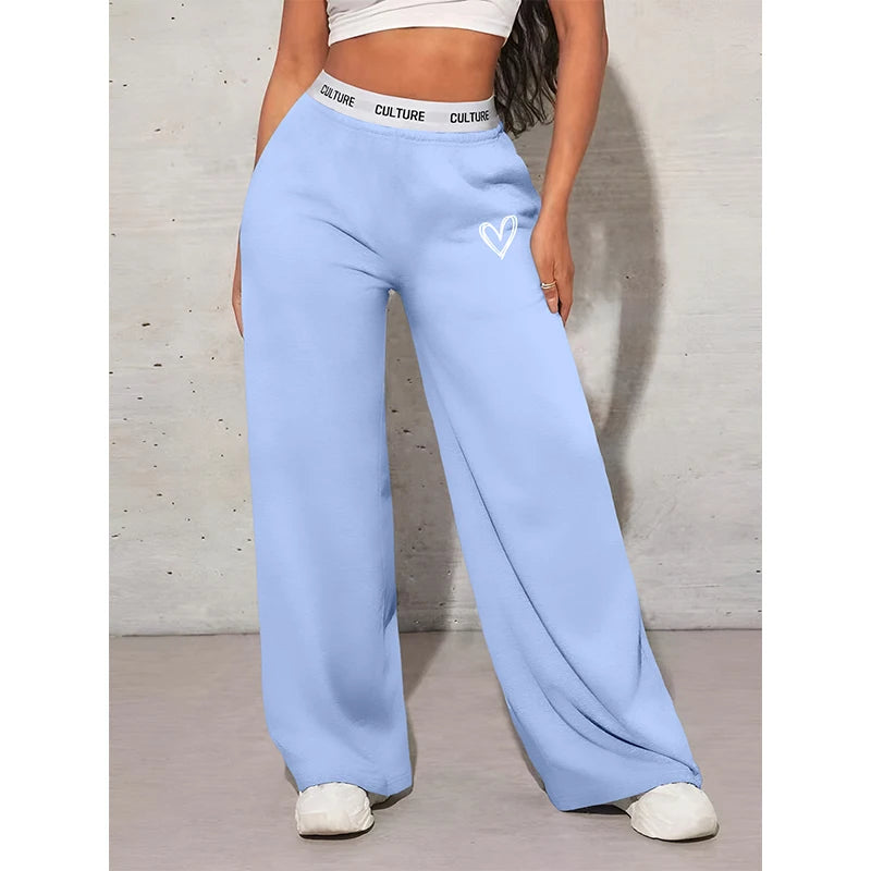 Women's Wide Leg Casual Loose Fit Webbing Detail Love Heart Printed Trousers