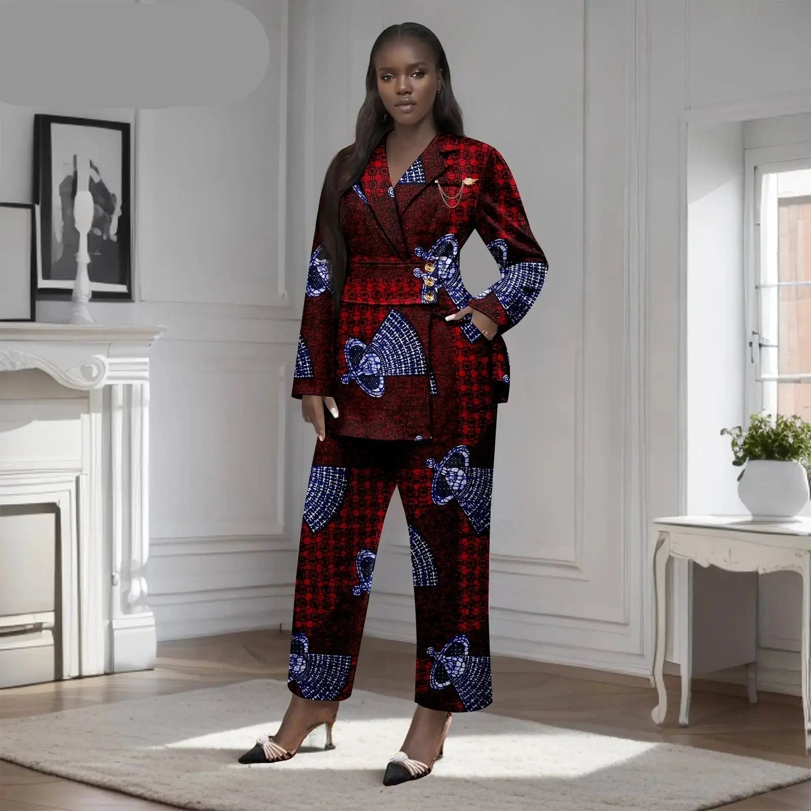 Afrikanisches zweiteiliges Set für Damen mit goldenem Knopf, Broschen-Blazer und Knöchelhose