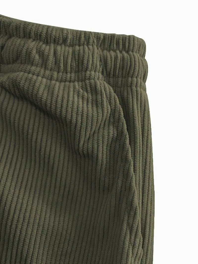 Women's Corduroy Pants Texture Straight-Leg Trousers with Drawstring Waist & White Piping