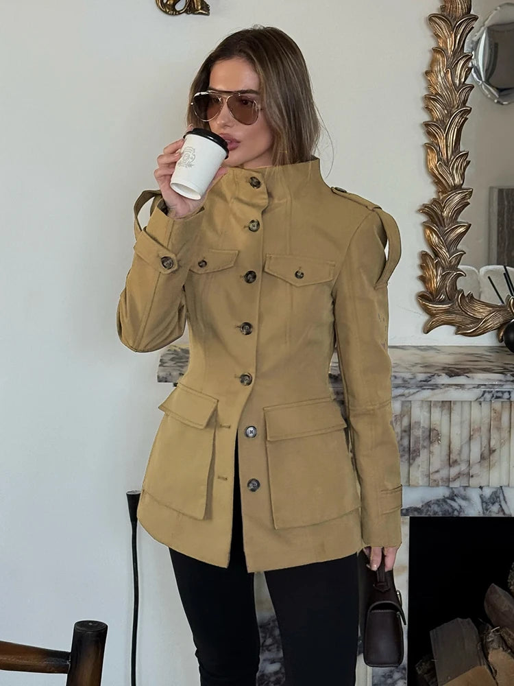 Women’s Khaki Elegant Stand Collar Trench Coat – Y2K Long Sleeve Waist-Defined Jacket