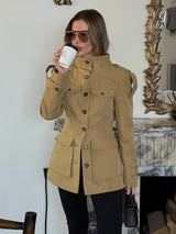 Women’s Khaki Elegant Stand Collar Trench Coat – Y2K Long Sleeve Waist-Defined Jacket