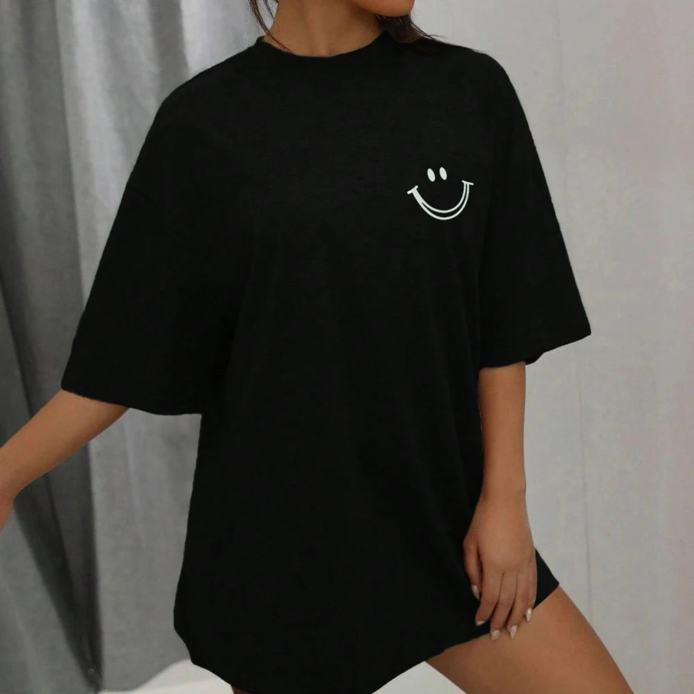 Damen Oversized Baumwoll Streetwear Top mit auffälligem Smile-Motiv