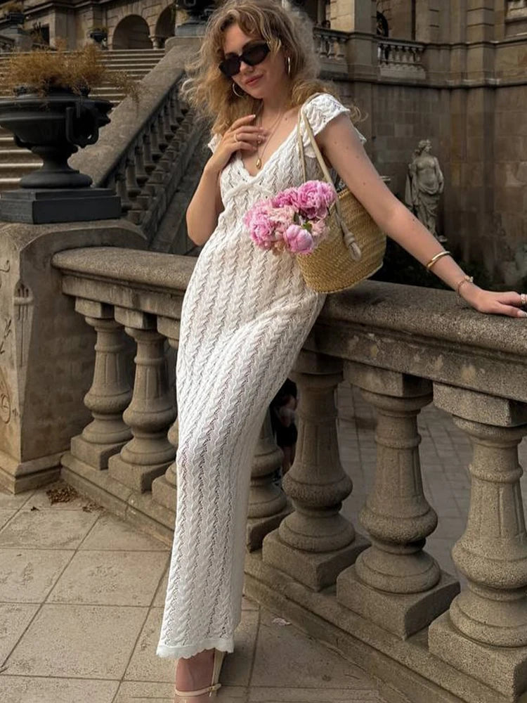 Women’s Ruffle Knit Long Dress – Sexy V-Neck Backless Evening Dress
