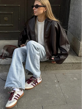 Damen-Schnürjacke aus Kunstleder – Locker sitzender Mantel mit Umlegekragen im Moto-Stil