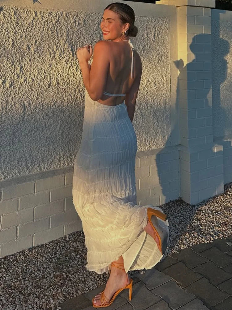 Women’s Backless Ruched Long Dress – Sexy Halter Lace-Up Maxi