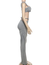 Sexy zweiteilige Urlaubskombination für Damen – plissiertes Crop-Cami-Top & geraffter Maxirock mit hoher Taille
