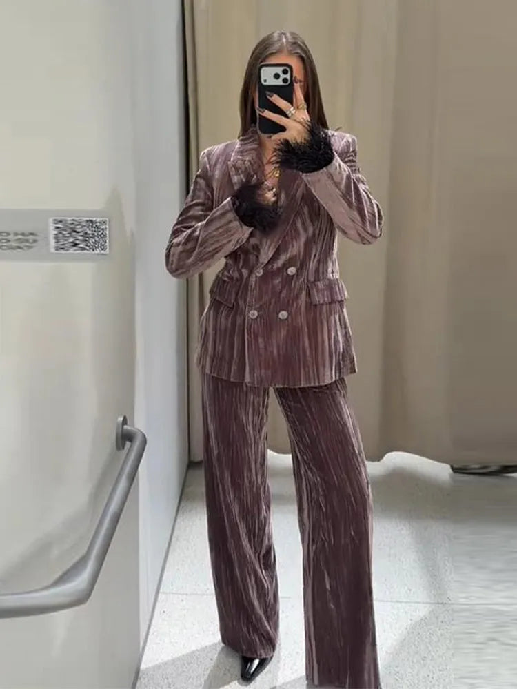 Women’s Chic Velvet Feather Patchwork Suit – Elegant Lapel Blazer & Wide Leg Pants 2-Piece Set
