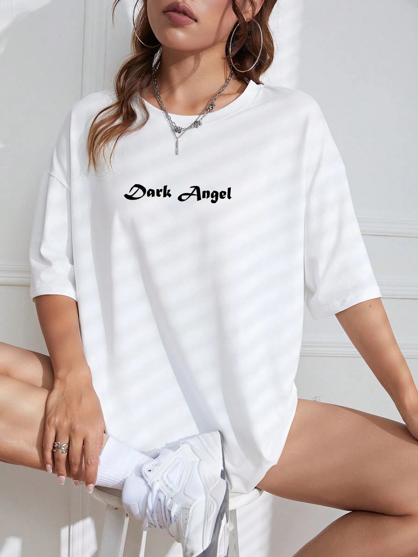 Damen T-Shirt mit dunklem Engelsflügel-Grafik – 100 % Baumwolle, lockere Passform, Hip Hop Streetwear