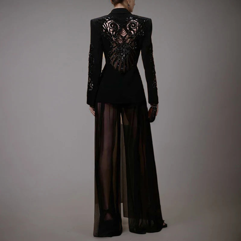 Damen Blazer mit Mesh-Einsätzen und Nagelkette & Chiffonhose mit hoher Taille