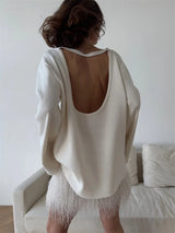 Damen rückenfreier, locker gestrickter Pullover – Lässiger, eleganter Langarm-Patchwork-Pullover