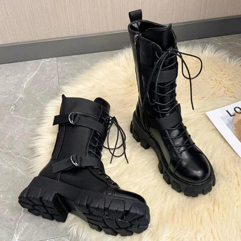 Damen Wadenhohe Motorradstiefel – Punk Gothic Schwarze High Heel Stiefel