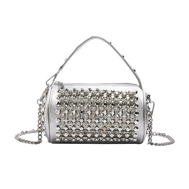 Luxuriöse Zylinder-Strass-Schultertasche | Handgefertigte Kristall-Kissen-Umhängetasche