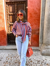 Damen Gestreifte Bluse mit Knopfleiste und Schleife – Langarm Locker Geschnitten
