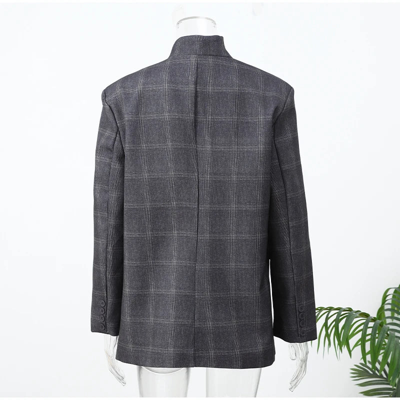 Damen Blazer mit Karomuster – Mode-Stehkragen Langarm Split Mantel