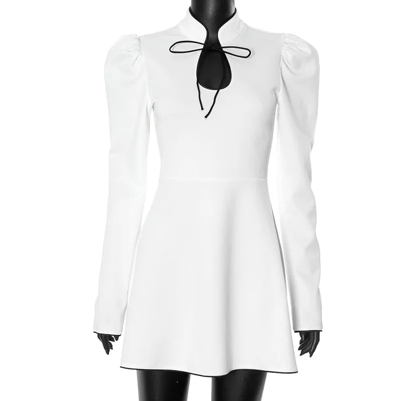 Elegantes Damen-Minikleid mit Schnürung – Retro-Kleid mit Stehkragen und langen Ärmeln, sexy schmales A-Linien-Partykleid