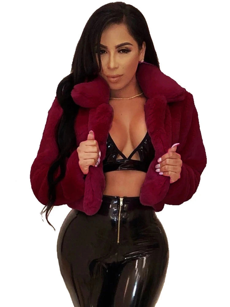 Women's Faux Fur Crop Jacket – Elegant Open Front Lapel Shaggy Fluffy Short Jacket