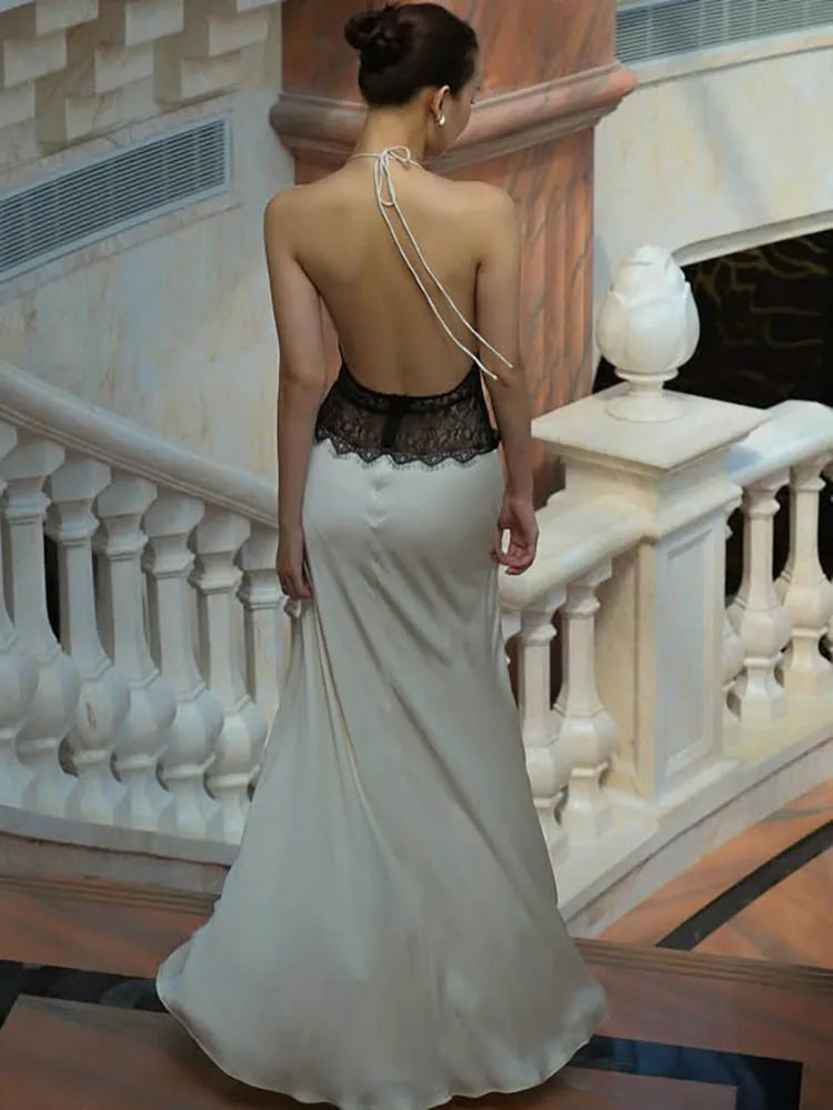 Women’s Sexy Deep Neck Lace Halter Maxi Dress – Backless Patchwork Evening Gown