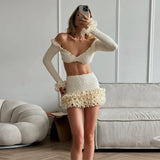 Women’s Beach Long Sleeve Sexy 3D Flower Crop Top & Skirt Set
