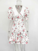 Short Sleeve Floral Printed Lapel Fashion Mini Dress for Women