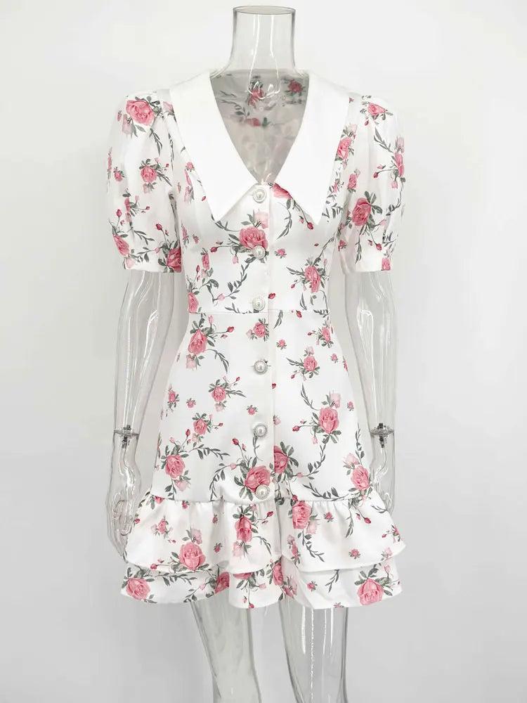 Short Sleeve Floral Printed Lapel Fashion Mini Dress for Women