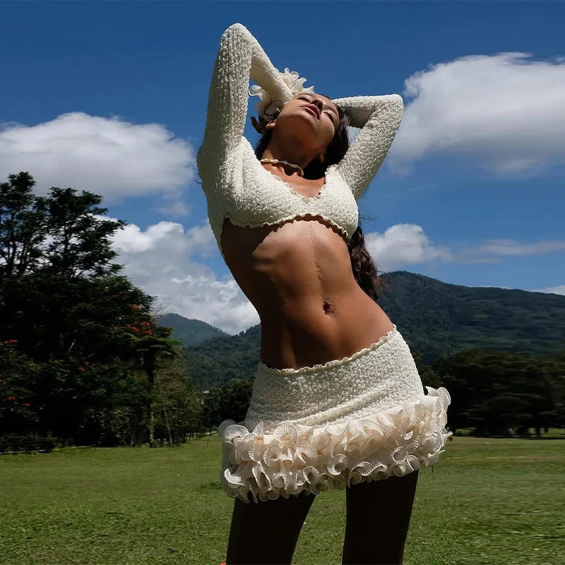 Women’s Beach Long Sleeve Sexy 3D Flower Crop Top & Skirt Set