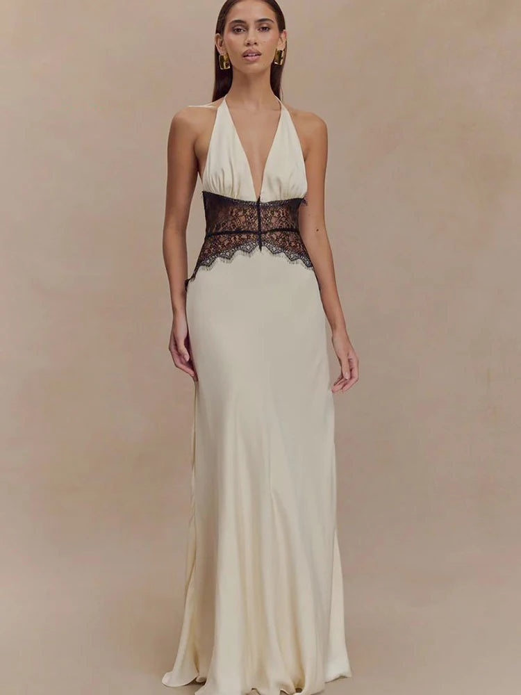 Women’s Sexy Deep Neck Lace Halter Maxi Dress – Backless Patchwork Evening Gown