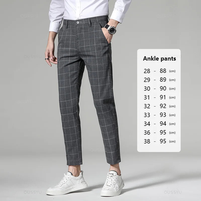 Men’s High-Quality Plaid & Stripe Trousers – Business Formal Suit Pants, Ankle & Full Length Straight Slacks