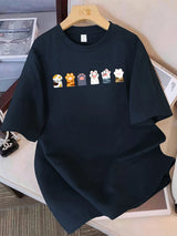 Buntes Katzenpfoten-T-Shirt aus Baumwolle | Süßes Tierdruck-T-Shirt für Damen