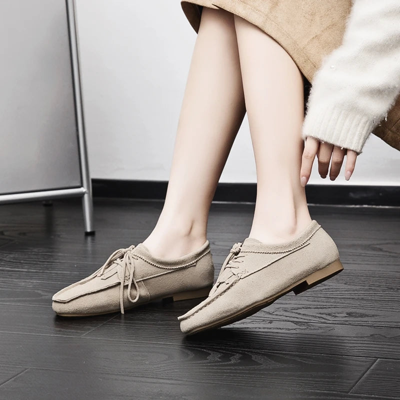 Women’s Genuine Cow Suede Loafers – Square Toe Flat Shoes