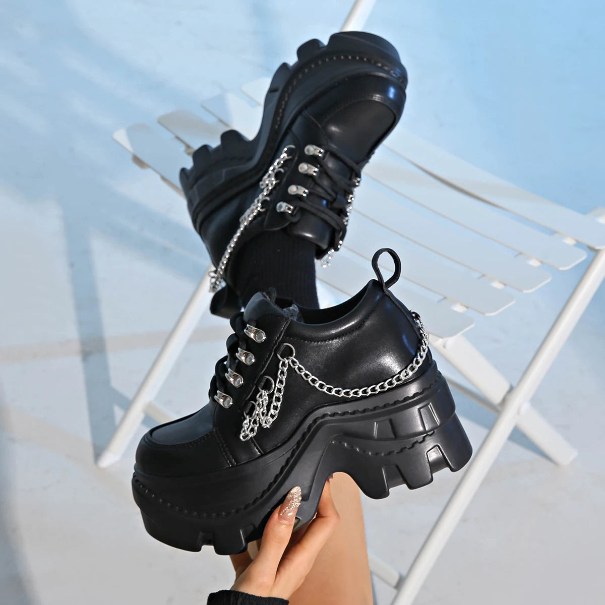 Women’s Gothic 8cm+ Chunky Sole Black Chain Platform Sneakers