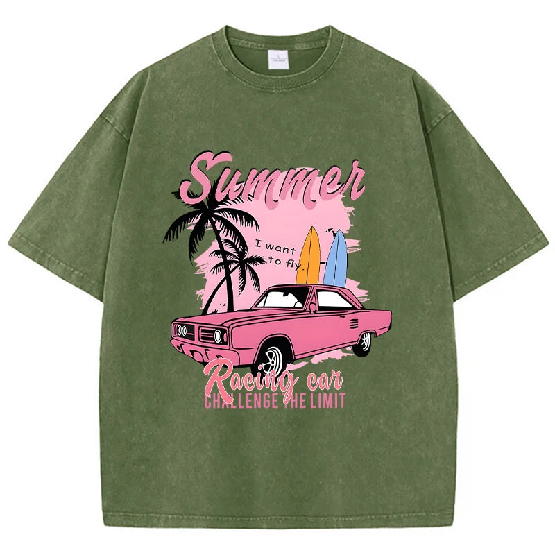 Racing Car Challenge Baumwoll-Used-T-Shirt | Vintage-Grafik-T-Shirt für Damen